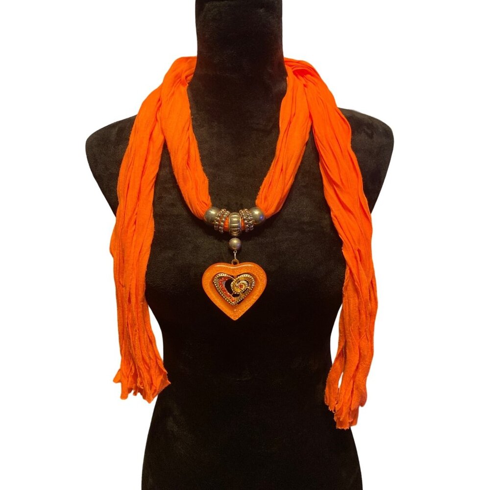 Scarf Heart Pendant Necklace Orange Tassels Beads & Crystals adjustable Beads